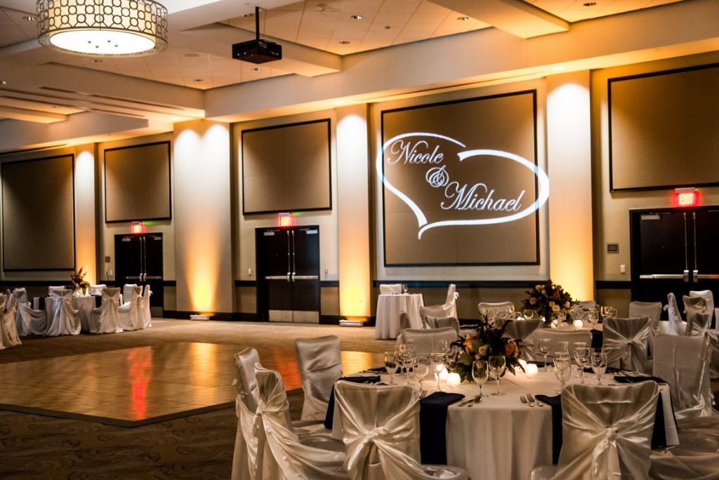 Ballroom at the Lawrence Event Center ready for an elegant wedding.