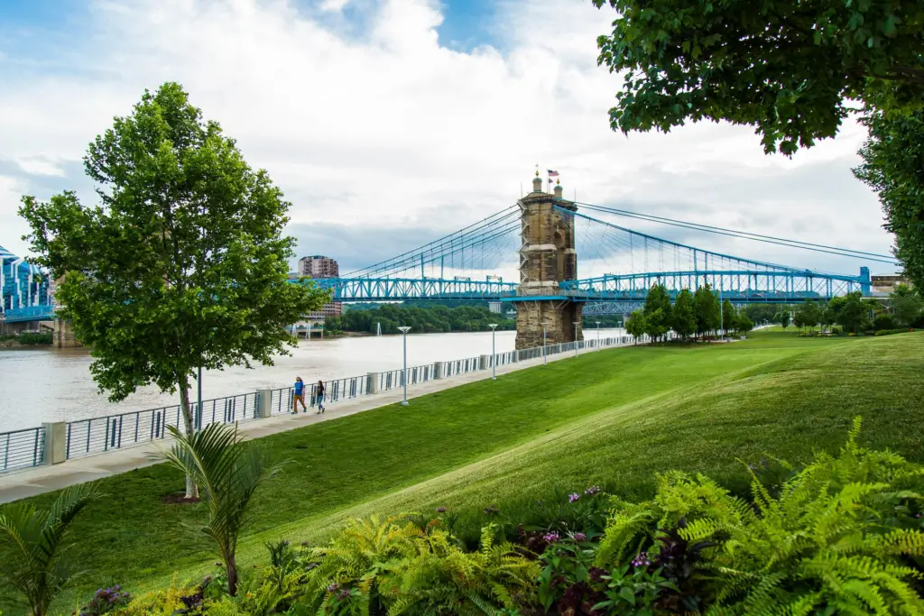 view of the bridge at Smale Riverfront Park in Cincinnati 